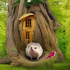 Whimsical hedgehog in front of large tree trunk with small yellow door