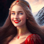 Smiling woman in red medieval gown with snowy mountain backdrop