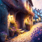 Cobblestone street at dusk with flowering plants and lit street lamps