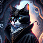 Black Cat with Blue Eyes and Ornate Collar on Orange and Blue Swirl Background