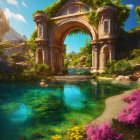 Ornate stone archway over crystal-clear pond in lush garden