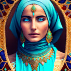 Woman portrait: Blue-eyed, turquoise headscarf, gold-teal jewelry, golden background