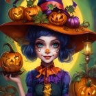 Colorful Halloween-themed character with blue hair, clown makeup, jack-o'-lantern, pumpkins