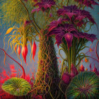 Colorful painting of exotic plants and butterflies in a mysterious garden