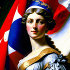 Vivid painting of woman with tricolor flag and patriotic attire