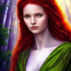 Vibrant Red-Haired Woman in Mystical Purple Forest