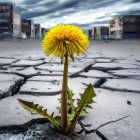 Colorful dandelion in cracked urban surface under dramatic sky