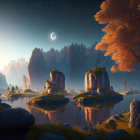 Tranquil crescent moon landscape with autumn trees and rock formations