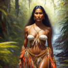 Woman in tribal attire strolling in sunlit forest