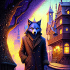 Anthropomorphic wolf in coat on eerie Victorian street at twilight