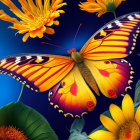 Colorful Butterfly Among Flowers and Leaves on Dark Blue Background