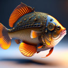 Steampunk-style mechanical fish with orange fins and intricate metal details on soft-focus blue and orange background