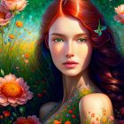 Vibrant digital painting of woman with red hair in colorful meadow