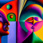 Colorful Abstract Painting: Stylized Faces & Geometric Shapes