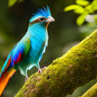 Colorful Bird with Blue Head, Green Body, and Red/Blue Tail on Mossy Branch