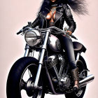 Stylized illustration of woman with long hair on classic motorcycle