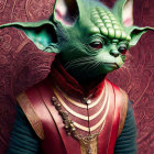 Feline and Yoda-like creature in regal red outfit on ornate backdrop