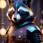 Anthropomorphic raccoon in Japanese samurai armor with red lanterns