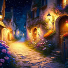 Quaint cobblestone street at night with warm lanterns and vibrant flowers