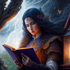 Fantasy artwork: Woman reading glowing book by lantern in stormy setting