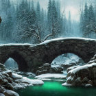 Snowy Forest Scene: Old Stone Bridge Over Tranquil River