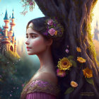 Profile Portrait of Woman with Floral Adornments Merging with Tree and Castle Backdrop