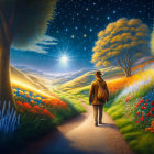 Person in hat strolls magical path with colorful flora under starry sky