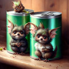 Three fluffy gremlin-like creatures on green cans on wood surface