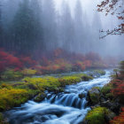 Misty forest with cascading river and red autumn foliage