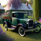 Vintage Green Pickup Truck Parked Near Cottage in Tranquil Countryside