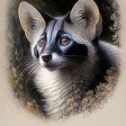 Detailed digital painting of raccoon face with fur textures, leaves, flowers on warm background