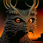 Majestic dragon-like creature with glowing eyes in front of red sky and building silhouette