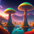 Colorful fantasy landscape with oversized mushrooms, reflective river, mountains, and moonlit sky