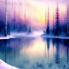 Tranquil winter landscape with bare trees, still lake, fog, and pastel sky