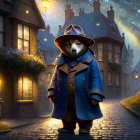 Anthropomorphic bear in blue coat and hat on cobblestone street at dusk