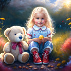 Blonde girl with teddy bear in flower-filled meadow holding apple