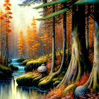 Colorful Autumn Forest with Stream, Waterfalls, Trees, and Toadstools