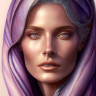 Digital portrait of woman with blue eyes in purple headscarf and pink rose.