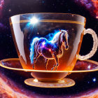 Cosmic-themed teacup and saucer with nebula and galaxy horse design