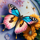 Colorful Butterfly with Outstretched Wings on Flowers and Smaller Butterflies on Soft Purple Background