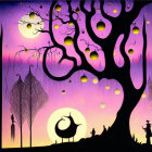 Colorful silhouette art: whimsical tree, crescent moons, willow trees, figure with hat