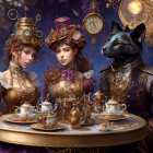 Victorian steampunk tea party with anthropomorphic cat and elegant figures