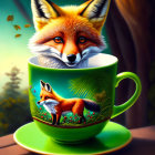 Whimsical fox in green teacup on wooden surface