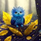 Blue whimsical creature in enchanted forest with raindrops and yellow leaves