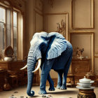 Elephant in classical room with scattered papers and inkwell