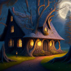 Enchanting cottage in eerie forest under full moon