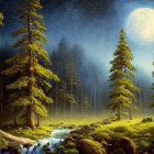 Full Moon Night Scene: Forest, Stream, Moss-Covered Rocks