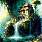 Enchanting forest scene with ancient house atop waterfall