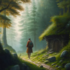 Person in vintage attire walks on cobblestone path in misty forest near old stone hut