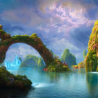 Fantasy landscape with water, green islands, floral outcroppings, and natural arch bridge